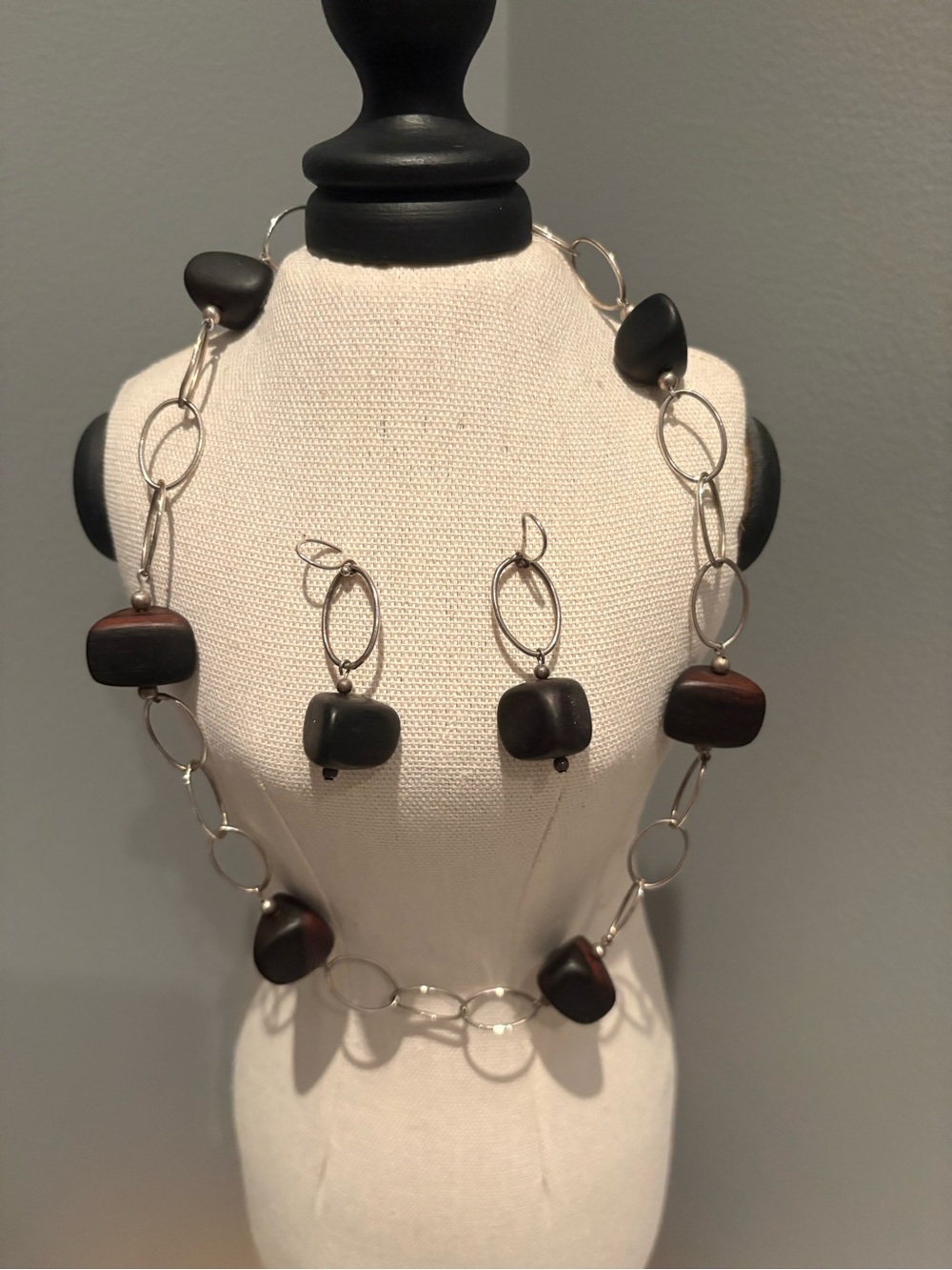 Retired Silpada Sterling Silver Wood Bead Station Necklace & Earrings 925 Set